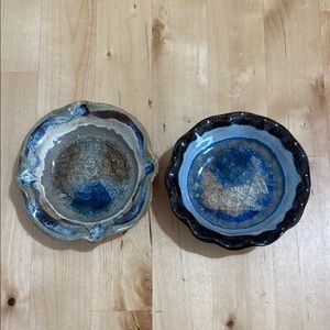 Set of 2 Clay & Crackle Glass Trinket Dishes Made in USA Studio Pottery